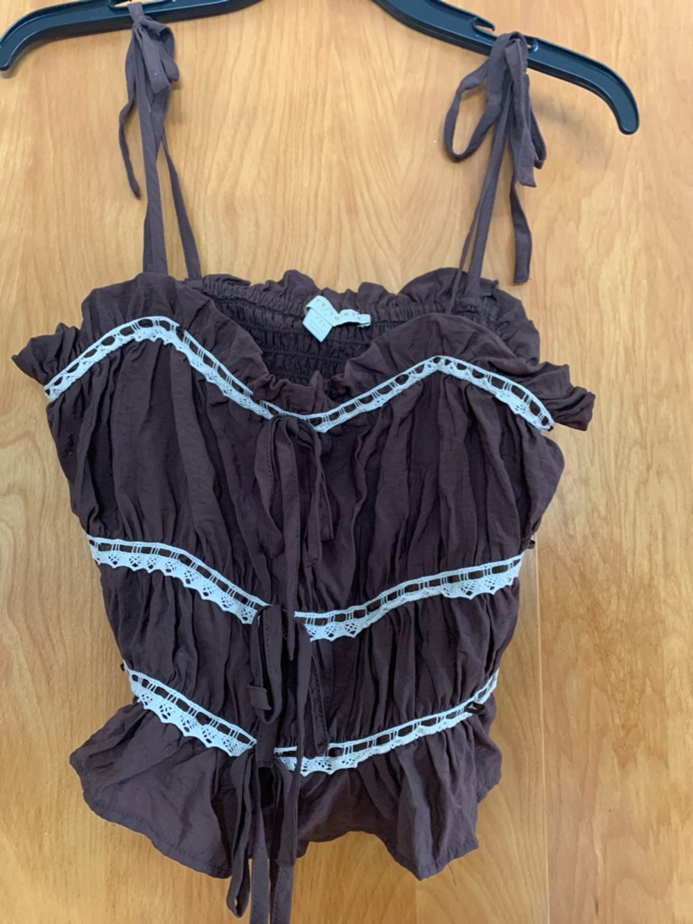 Women's Chocolate Brown Tie-Shoulder Tank Top with White Lace Trim